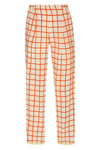 Red Checkered Print Silk Straight Pants