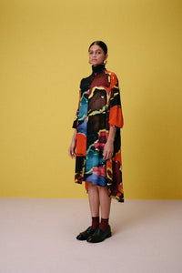 Tapestry Print Silk Shirt Maxi Dress